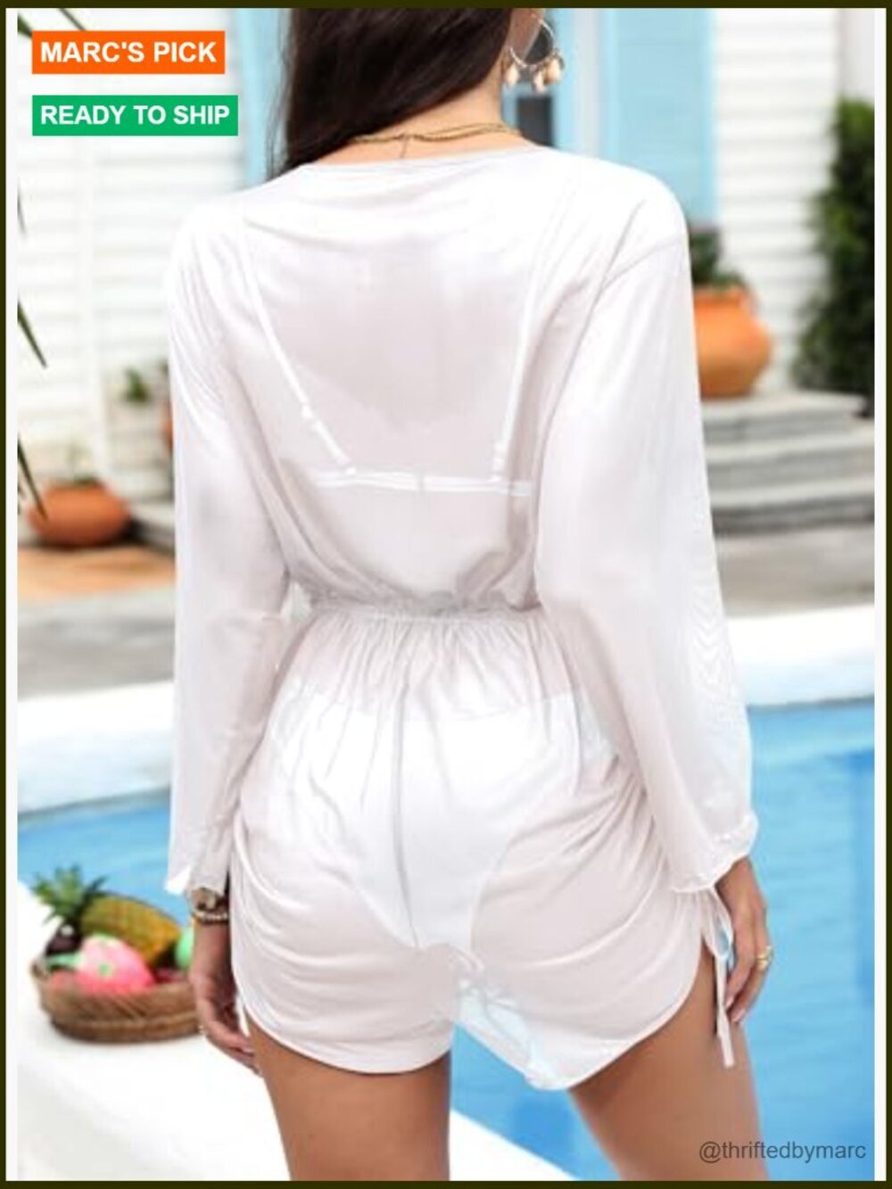 Deep V-Neck Sheer Drawstring Swim Romper Cover Up - Picture 6 of 7